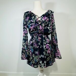 Xhilaration Floral Lace-Up Romper - Black and‎ Purple
